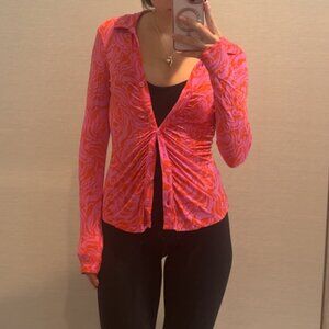 Sanctuary Size Small Long Sleeve Button-Up Pink and Orange Ruched Top